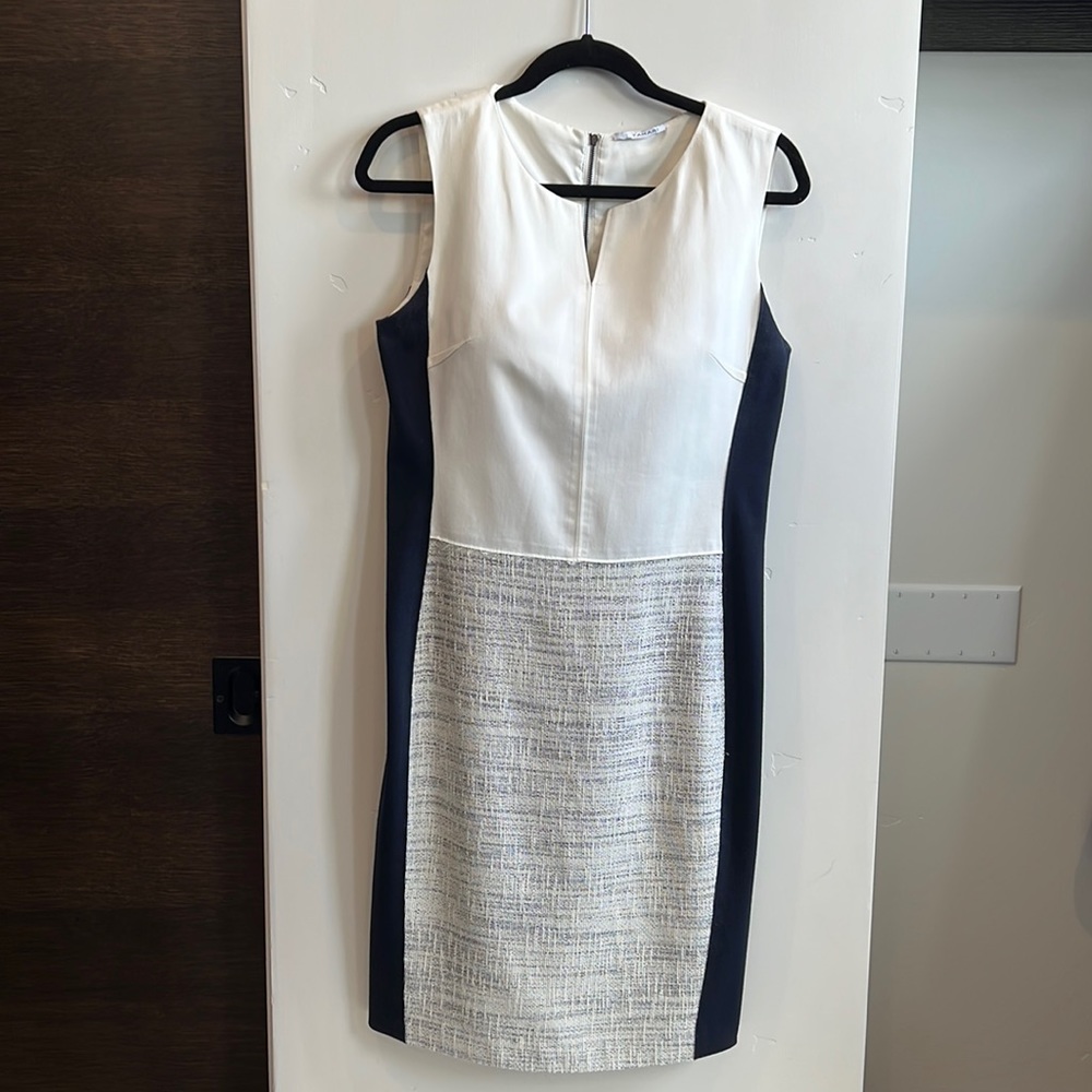 T Tahari dress in navy and cream.